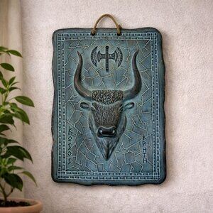 Vintage Greek Ceramic Wall Plaque Bull Head Labrys Symbol Minoan Decor